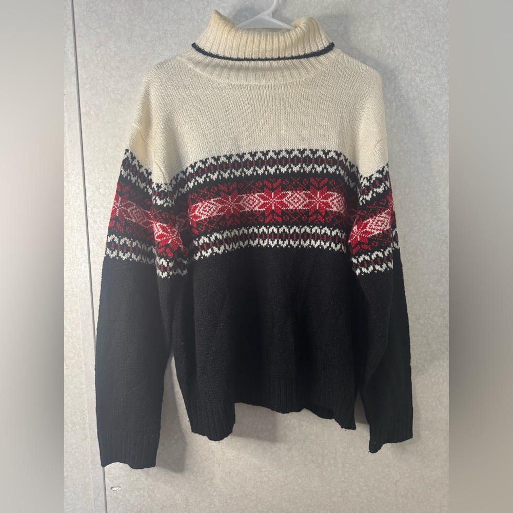 Vintage Carolyn Taylor Black Red and Cream Fair Aisle Turtleneck Sweater